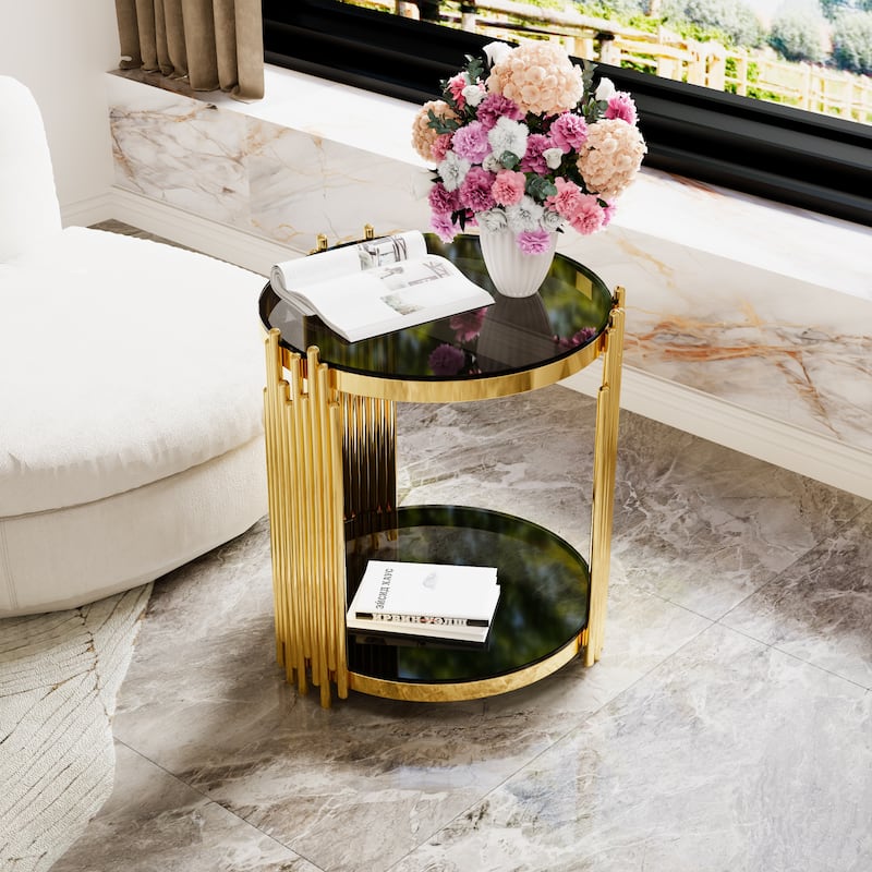 19.8" Modern Transparent Glass End Table for Living Room, Round, Asymmetrical Metal, Gold Finish & Lower Shelf