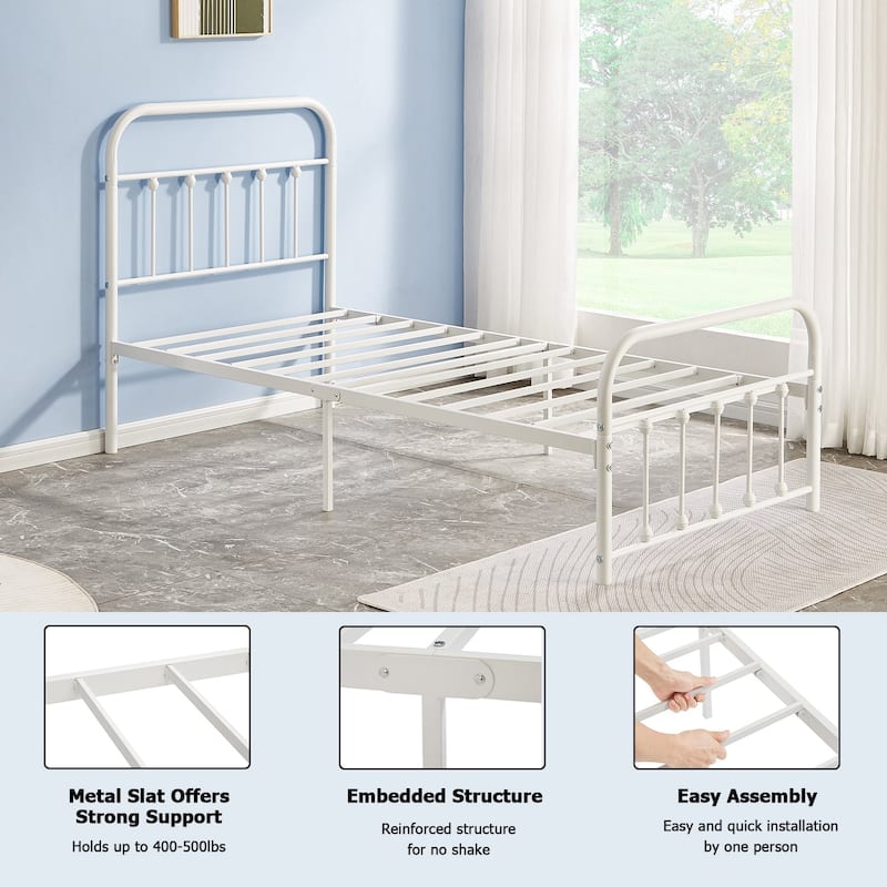 Javlergo White Metal Platform Bed Frame with Headboard and Footboard Quiet Heavy-Duty Frame No Box Spring Needed