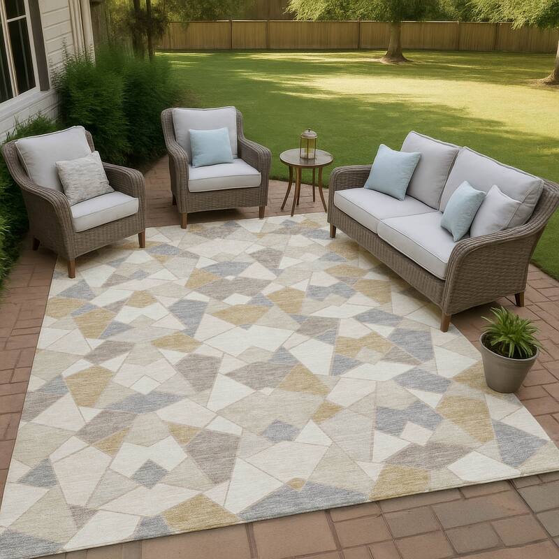 Machine Washable Indoor/ Outdoor Modern Mosaic Chantille Rug - Ivory - 3' x 5'