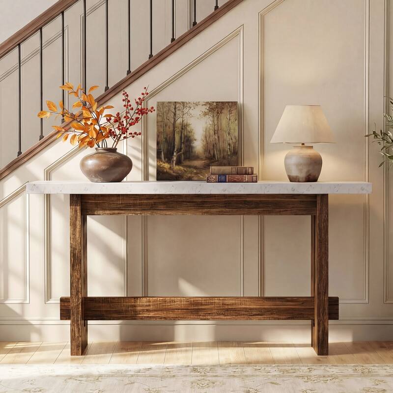 63" Wood Console Table, Farmhouse Entryway Table with Faux Marble Top