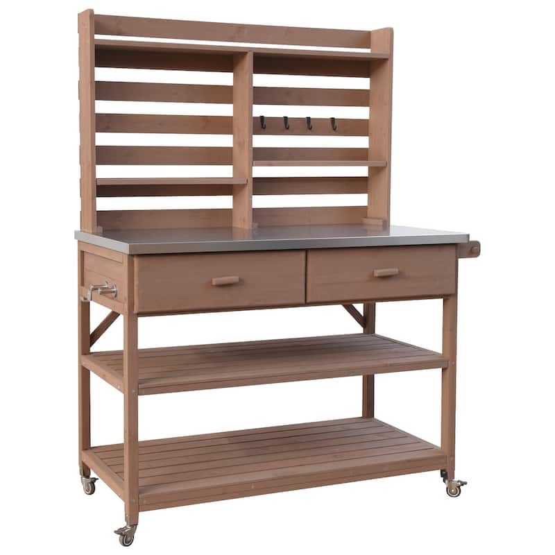 Outdoor Potting Bench Table with Lockable Wheels Solid Wood Kitchen Island and Stainless Steel Top