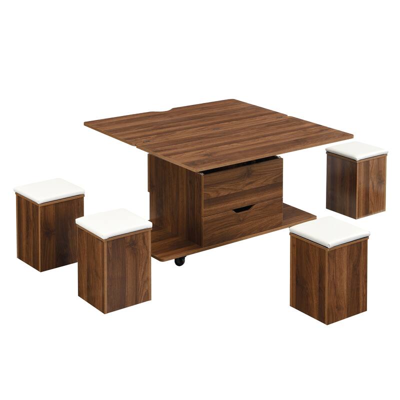 Lift-Top Coffee Table with Hidden Storage & 4 Stools - Multi-Functional Modern Center Table with Casters
