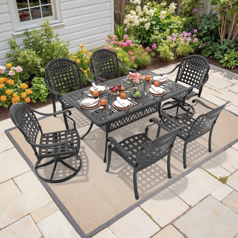 7-Piece Outdoor Dining Set with 1 Table and 6 Chairs, All-Weather Aluminum Outdoor Patio Sets