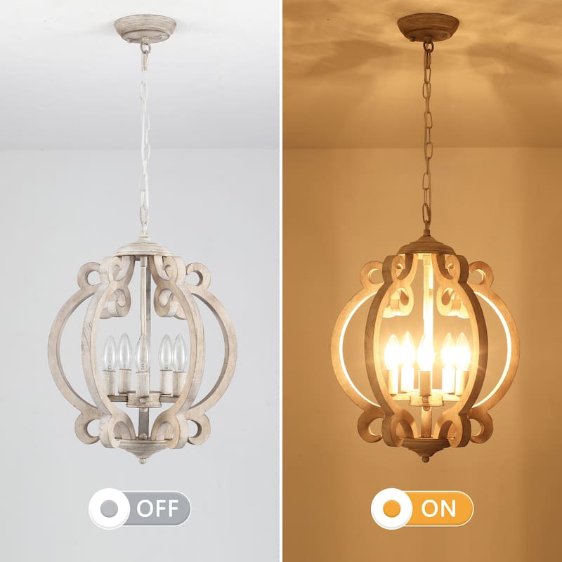 15.75“ 5-Light Rustic Pendant Light, Wood Ceiling Light Farmhouse Shabby Chic Chandelier, Classic Semi Flush Mount Chandelier