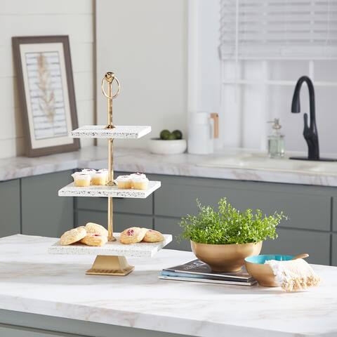 Marble 3-Tier Cake Stand With Aluminum Stand White and Gold - 12 x 12 x 22