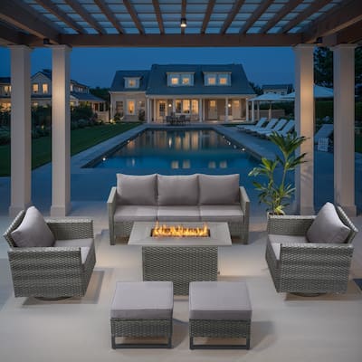 Outdoor Sofa with Swivel Chair Ottomans & Fire Pit Table - Grey cushion