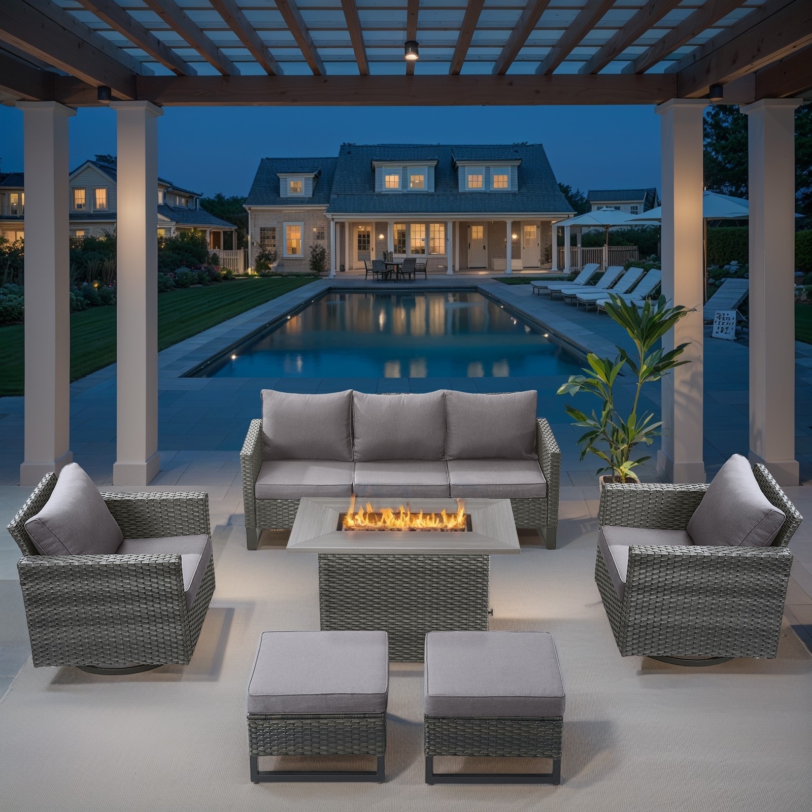Outdoor Sofa with Swivel Chair Ottomans & Fire Pit Table - Grey cushion