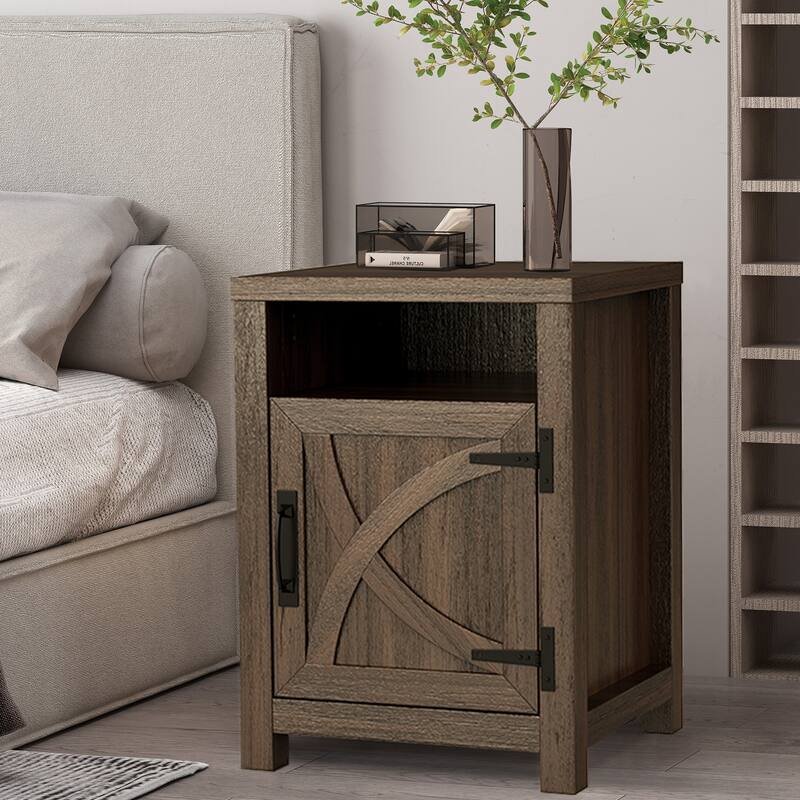 Farmhouse Barn Door Nightstand Bedside Table Set of 2 with Adjustable Shelves