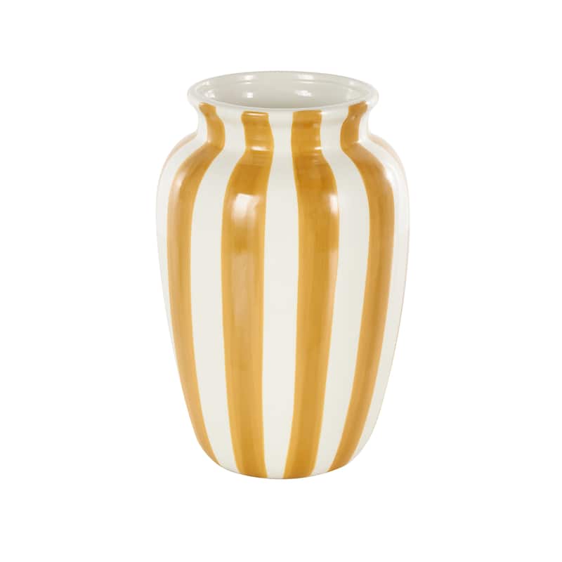 Ceramic Round Wide Decorative Vase with Yellow or Teal Vertical Stripes - White - Roche River Decor