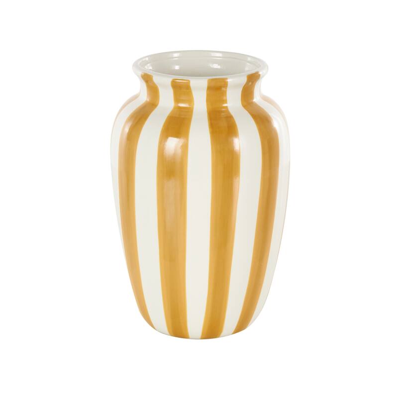 White Ceramic Round Wide Decorative Vase with Yellow or Teal Vertical Stripes