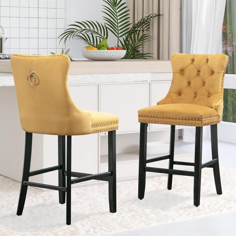 Wing Back Velvet Tufted Nailhead Barstools(Set of 2)
