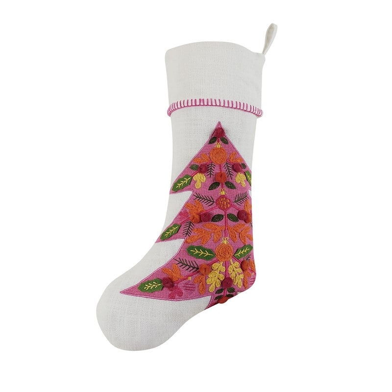 Merry Tree Embroidered Applique Holiday Stocking - N/A