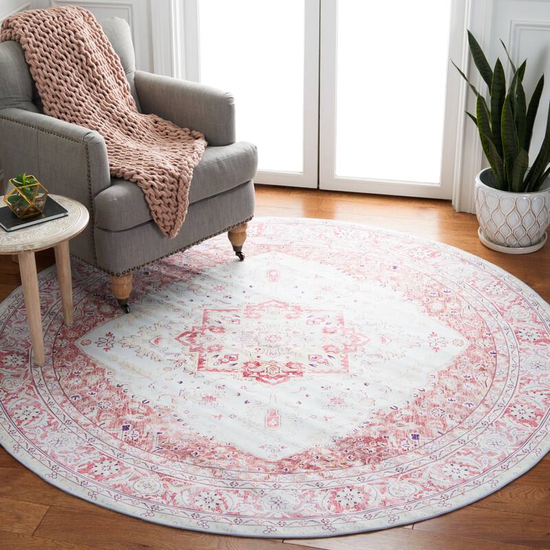 SAFAVIEH Tucson Machine Washable Slip Resistant Mazie Oriental Medallion - 6'6" x 6'6" Round - Beige/Rust - Round