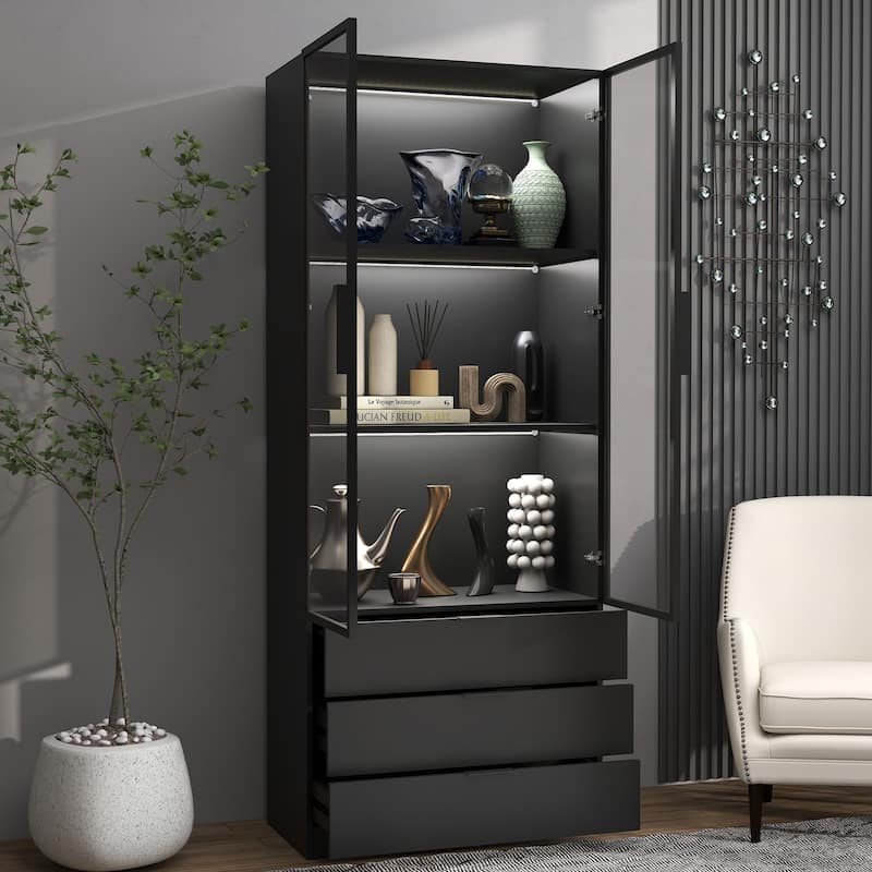 79"Hx31.5"W Lighted Display Cabinet with Glass Doors Bookcase