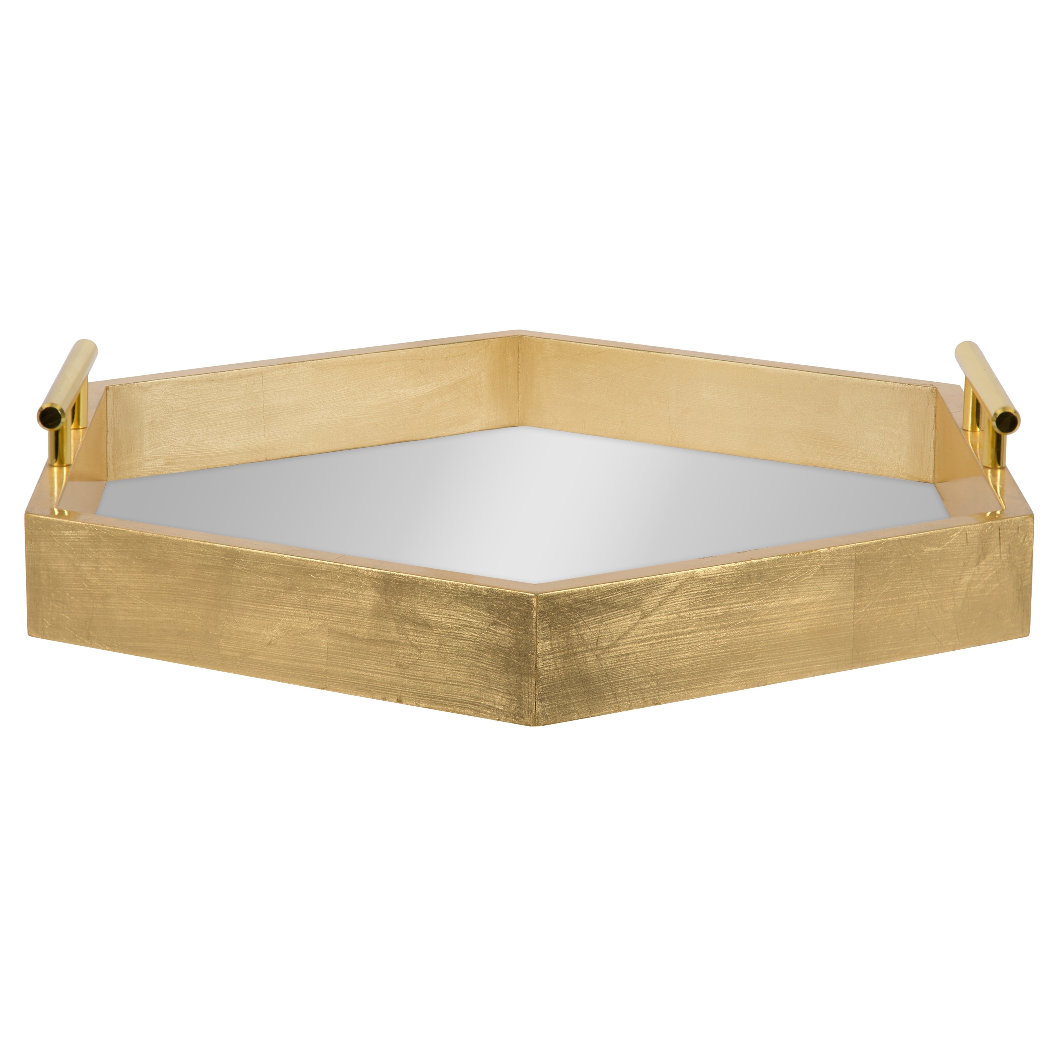 White and Gold Kate and Laurel Lipton Hexagon Decorative Tray with Polished Metal Handles
