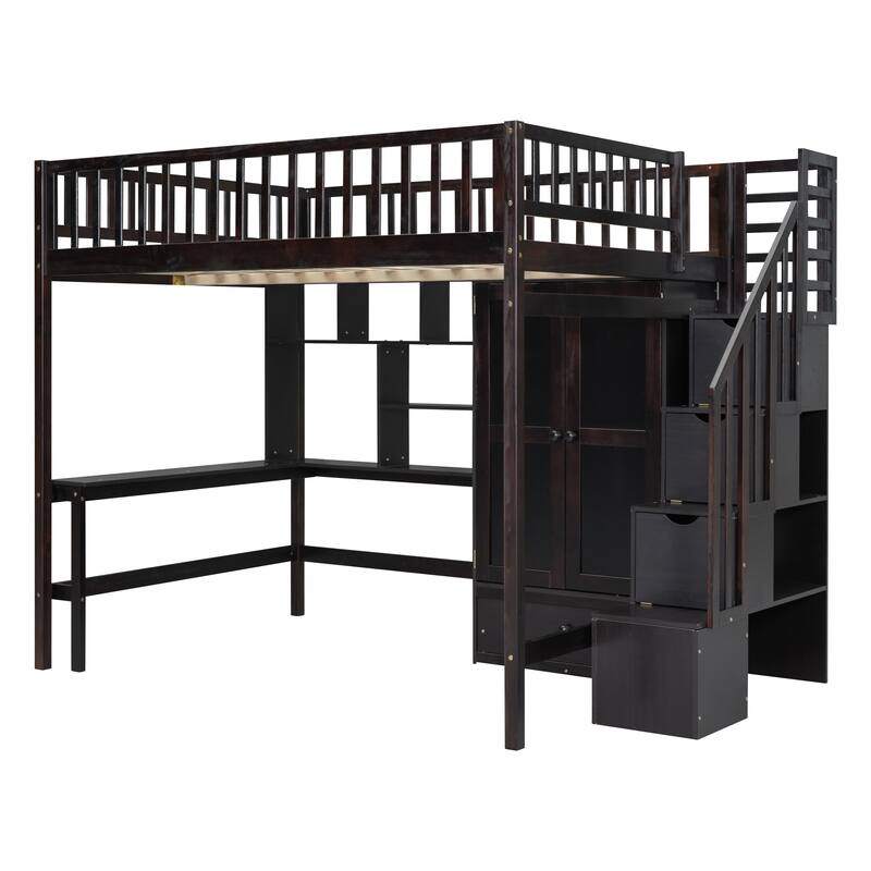 Full Size Loft Bed with Bookshelf, Drawers, Desk, and Wardrobe - Espresso