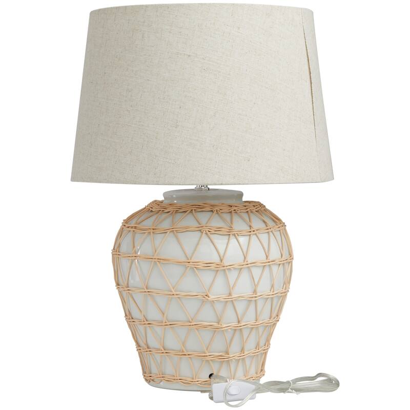 White Ceramic Woven Rattan Geometric Room Table Lamp with Linen Shade