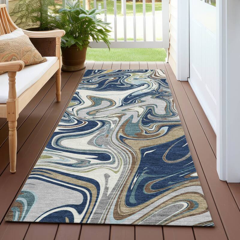 Machine Washable Indoor/ Outdoor Contemproary Fusion Chantille Rug - Navy - 2'3" x 7'6"
