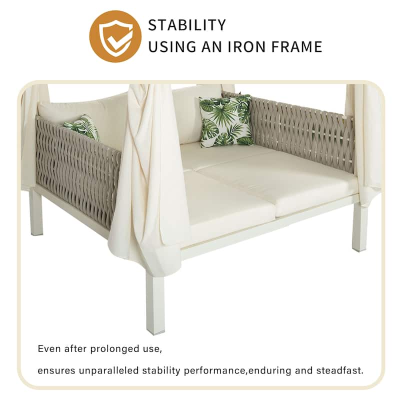 Outdoor Patio Rattan Canopy Daybed Sunbed with Curtain and Woven Rope Arm