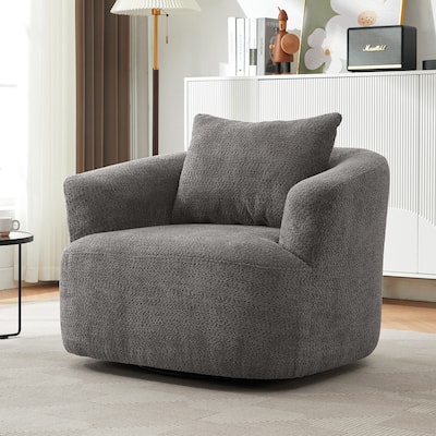 Upholstered Swivel Barrel Chair, Ergonomic Single Sofa Chair, Reading Chair with Throw Pillow & Round Armrests