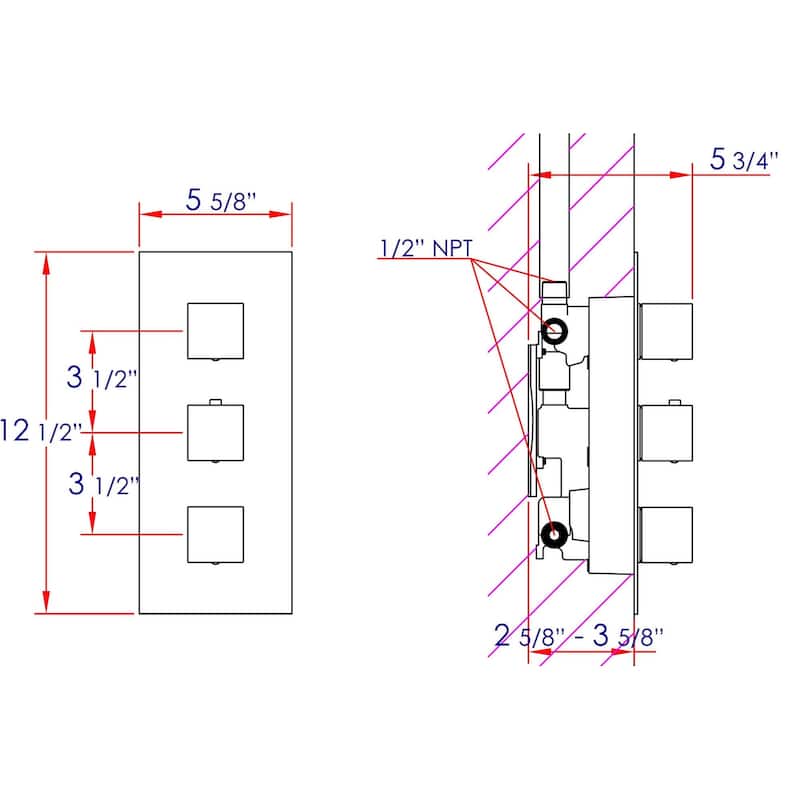 ALFI brand AB2901-BN Brushed Nickel Concealed 4-Way Thermostatic Valve Shower Mixer /w Square Knobs - Silver