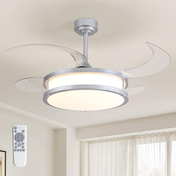 slide 2 of 17, 48" Modern Retractable Dimmable LED Chandelier Ceiling Fan with Lights and Remote Silver