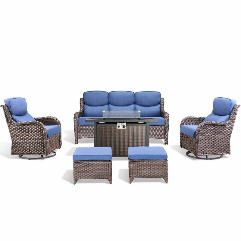 Pocassy 6/7 Piece Patio Sofa Swivel Chair Set with 43" Fire Pit Table