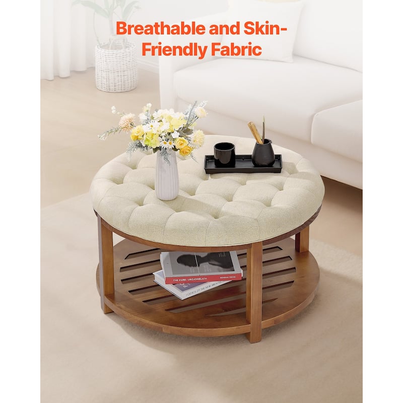Linen Round Ottoman Coffee Table with Storage Tufted Upholstered Bench Footrest 350 lbs Capacity