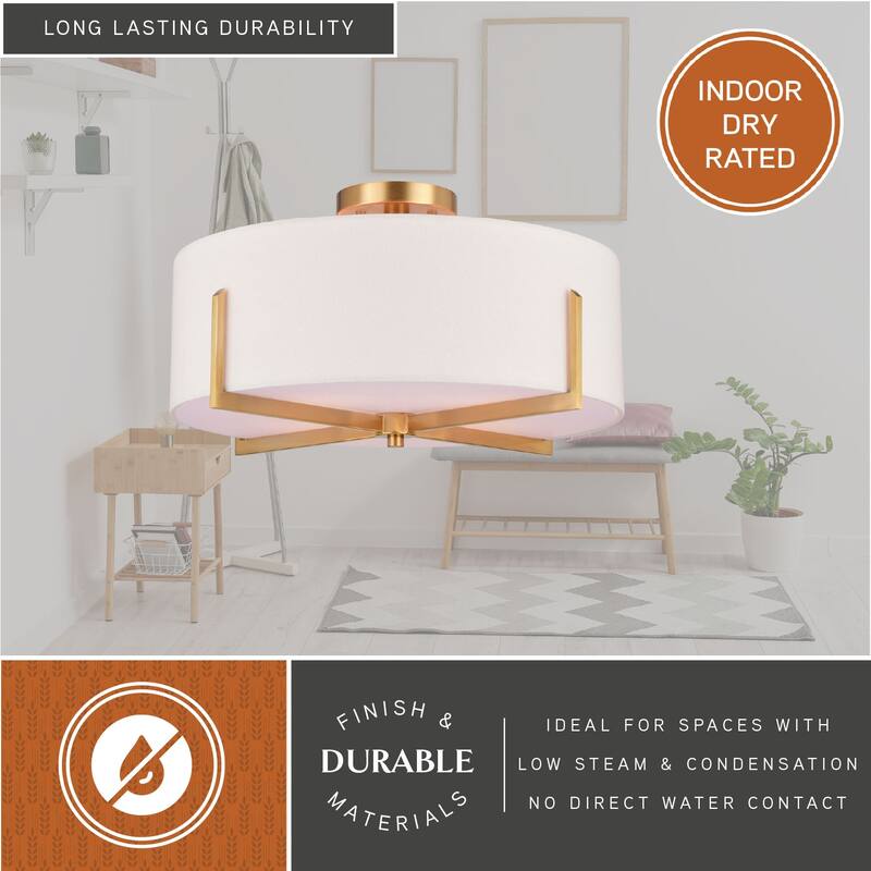 Surrey 18-in W Natural Brass Mid-Century Modern Semi Flush Mount Ceiling Light White Linen Drum Shade