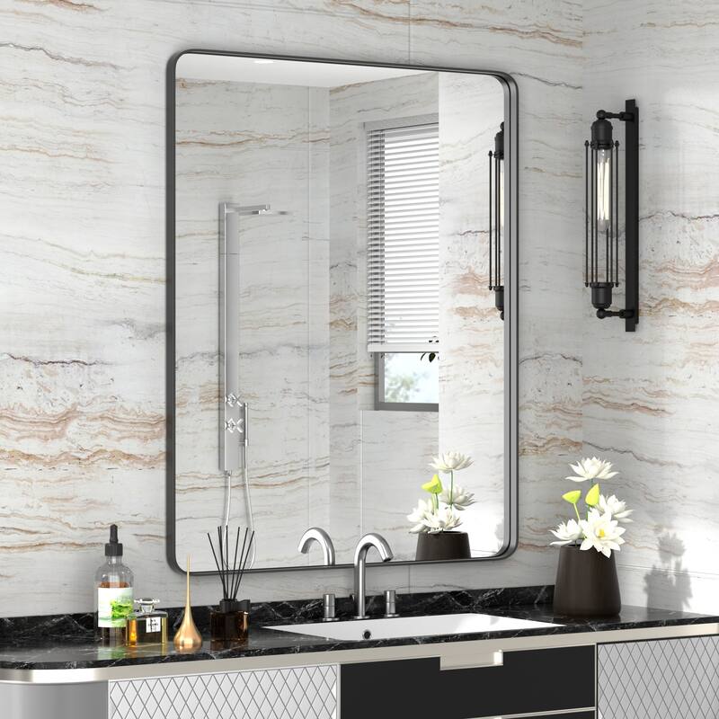 Modern Wall Mirrors, Rectangular Mirror with Stainless Steel Framed, Bathroom Mirror with Round Corner, Vanity Mirror - 24W * 36H Inches - Brushed Black