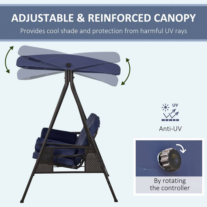 Outsunny 3-Seat Patio Swing Chair, Outdoor Porch Swing Glider with Adjustable Canopy, Removable Cushion, Pillows and Side Trays