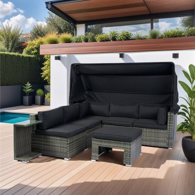 7 Piece Patio Furniture Set, Outdoor Rattan Sectional Sofa Set with Retractable Canopy, Cushions and Coffee Table