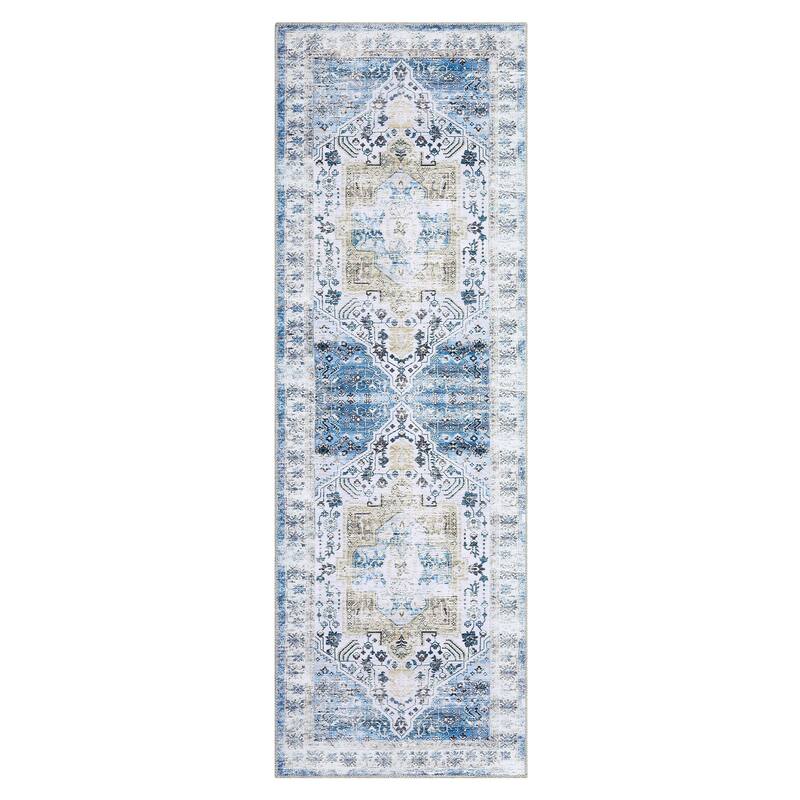 Vintage Medallion Living Room Rug Washable Soft Non-Slip Low Pile Area Rug Indoor Distressed Accent Rug