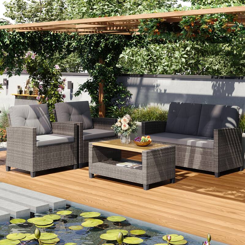 4-Piece Patio Furniture Set with 2-Tier Coffee Table, Perfect for Porch Balcony Backyard Deck