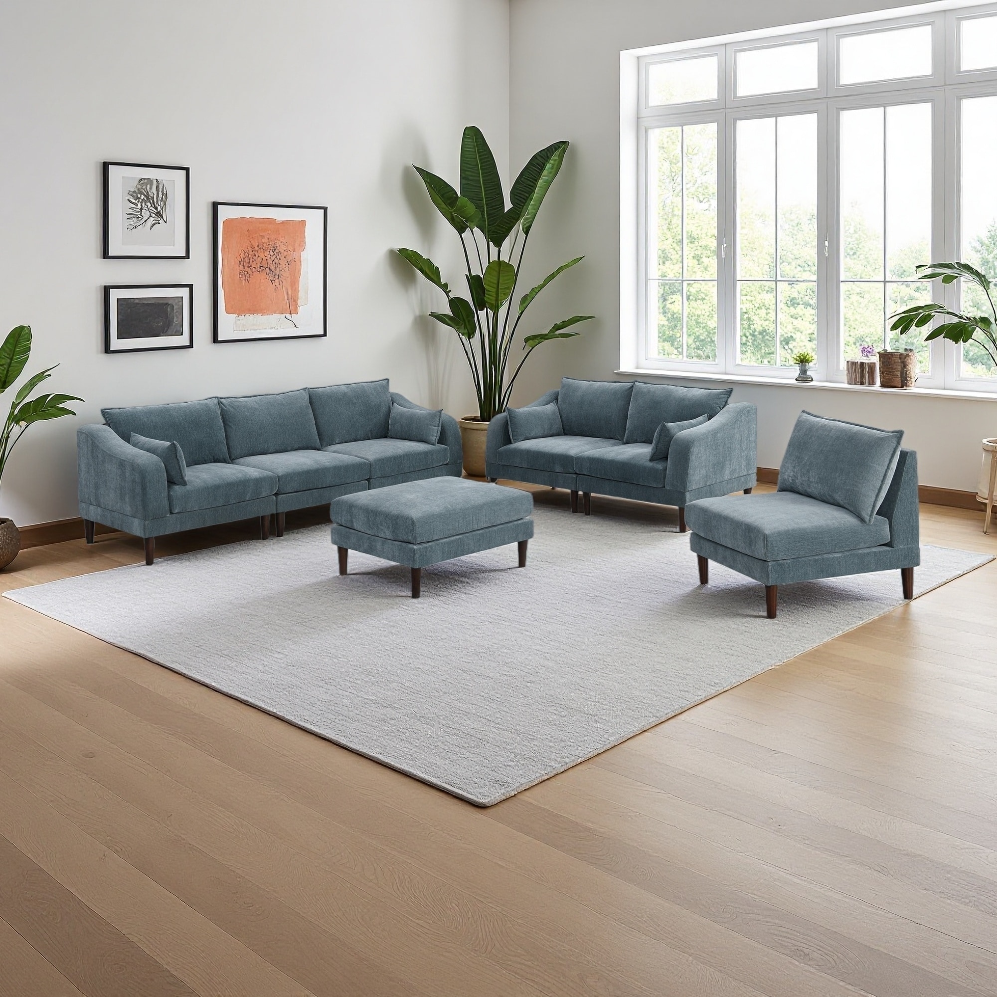 93" Fabric Modular 6-Piece Sofa with 4 One-Arm Chairs, 1 Ottoman and Cushion Pillows