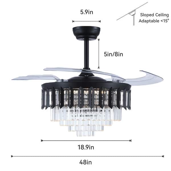 dimension image slide 1 of 3, 48" Crystal Fandelier Ceiling Fan with Light and Remote Retractable Blades LED Dimmable for Bedroom Living Room Dining Room