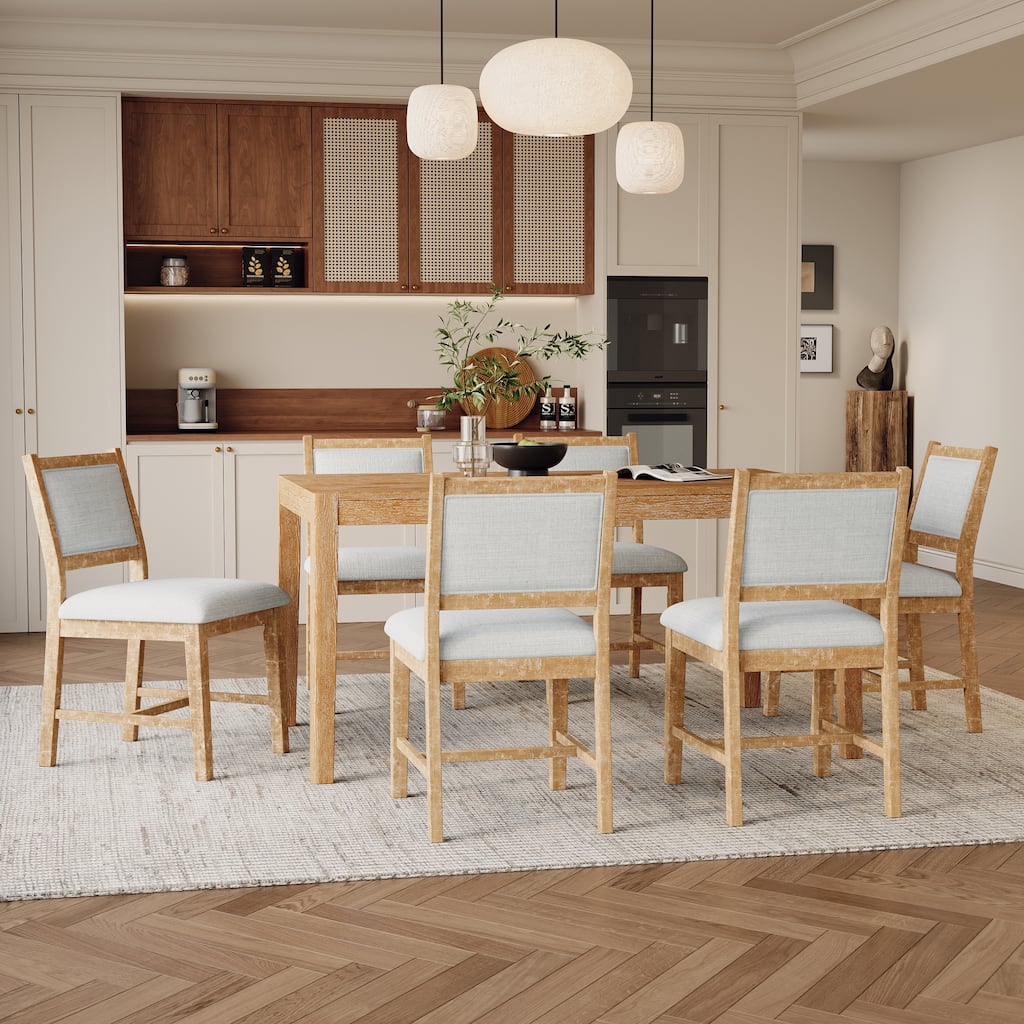 Roomfitters 7-Piece Retro Rectangular Wood Dining Table Set for 6 with Upholstered Chairs, Kitchen Dining Furniture