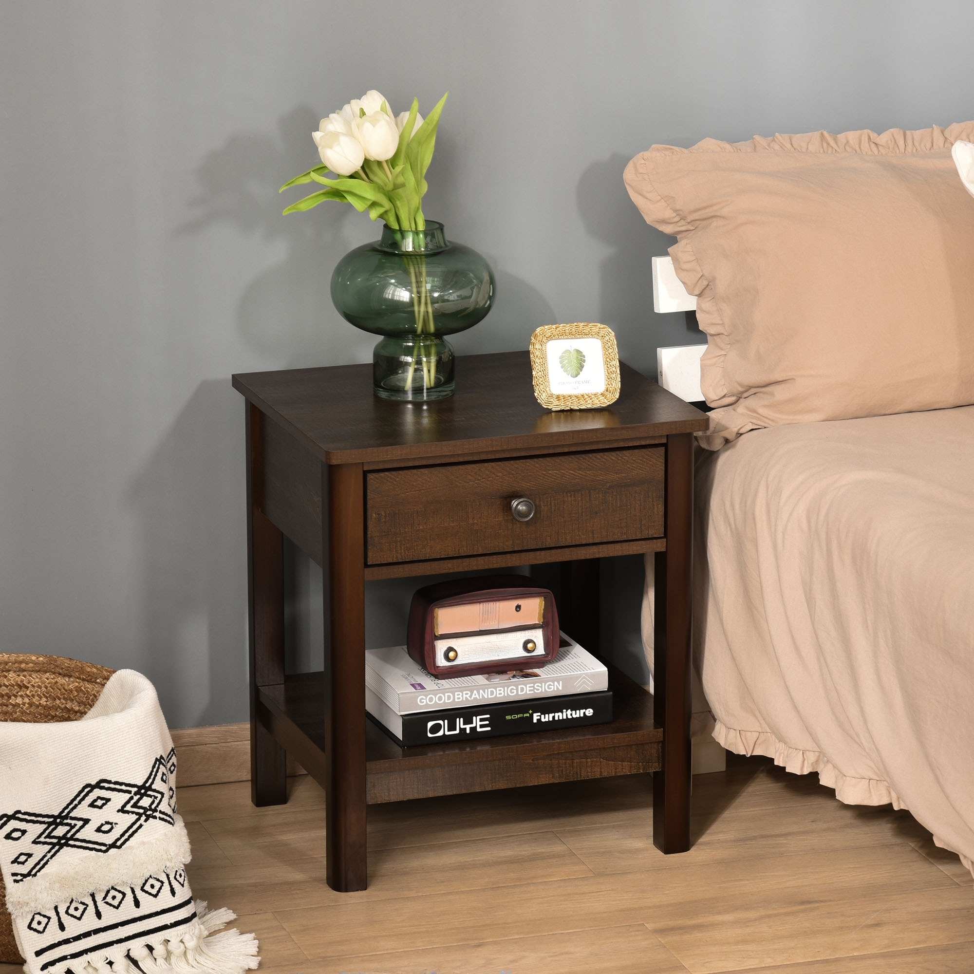 HOMCOM Bedside Night Stand with Drawer Top and Bottom Shelf for