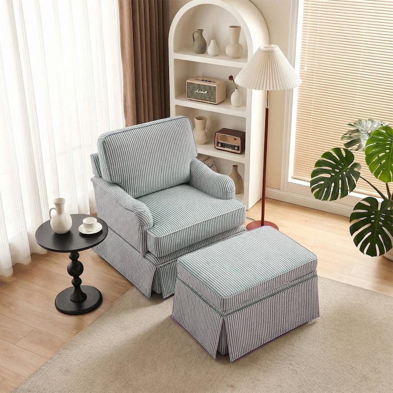 Skirted Swivel Accent Nailhead Barrel Chair With Storage Ottoman Set