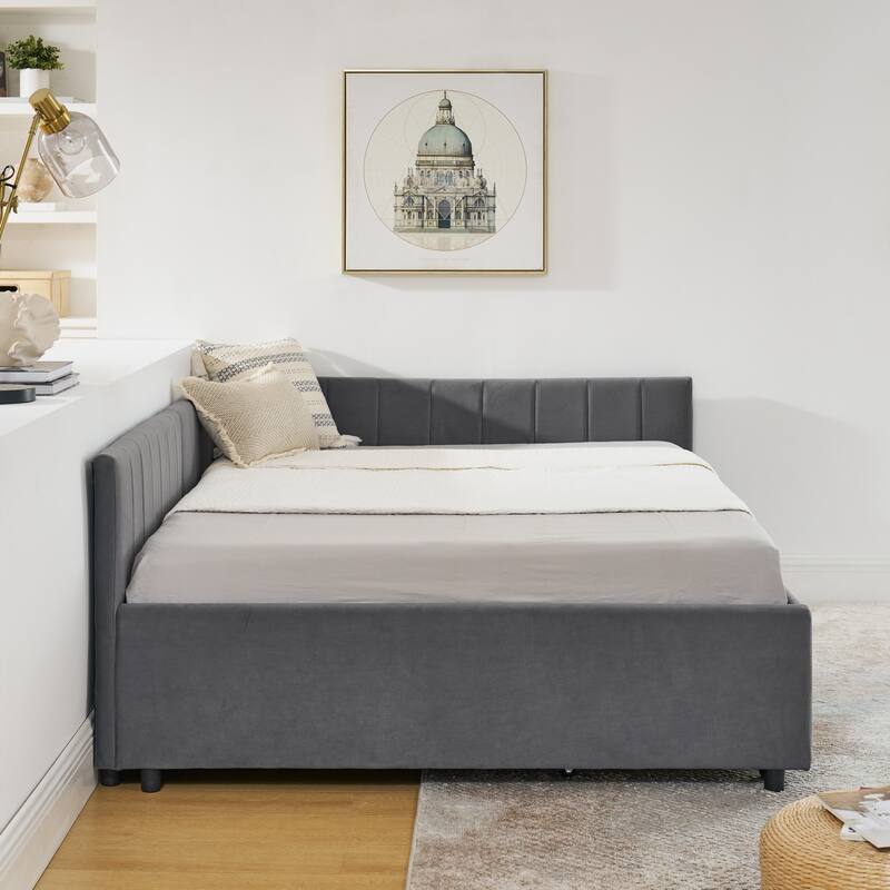 Full Size Upholstered Tufted Daybed with Storage Drawers, Velvet Grey, Comfortable Backrest and Armrests