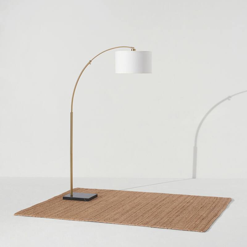Brightech Logan 76 in. Antique Brass Modern Adjustable and Extendable LED Floor Lamp with White Fabric Drum Shade