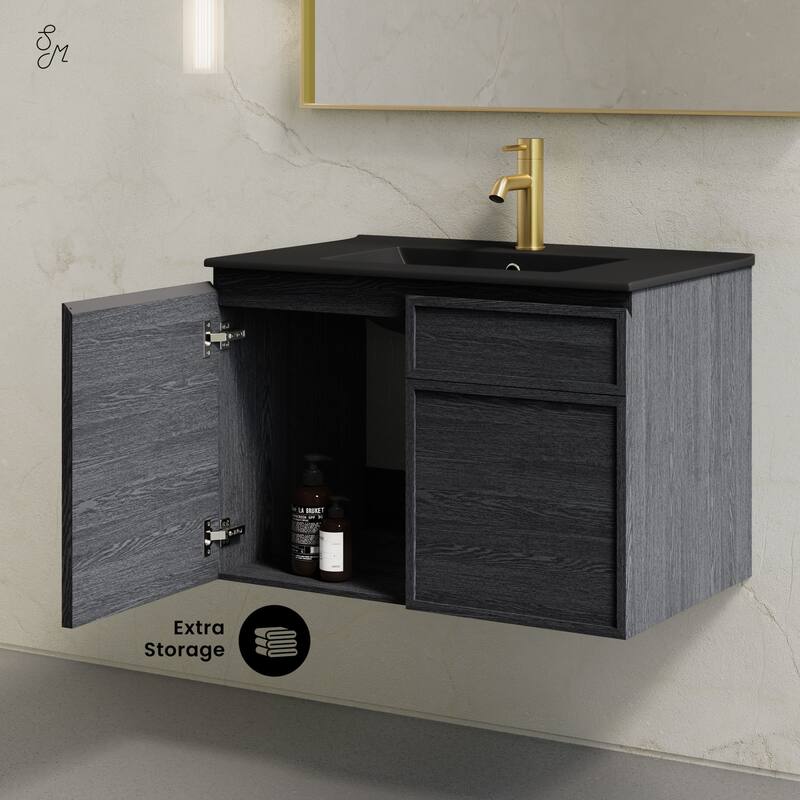 St. Tropez 30" Wall-Mounted Bathroom Vanity In Black Oak With Black Sink Top - 30