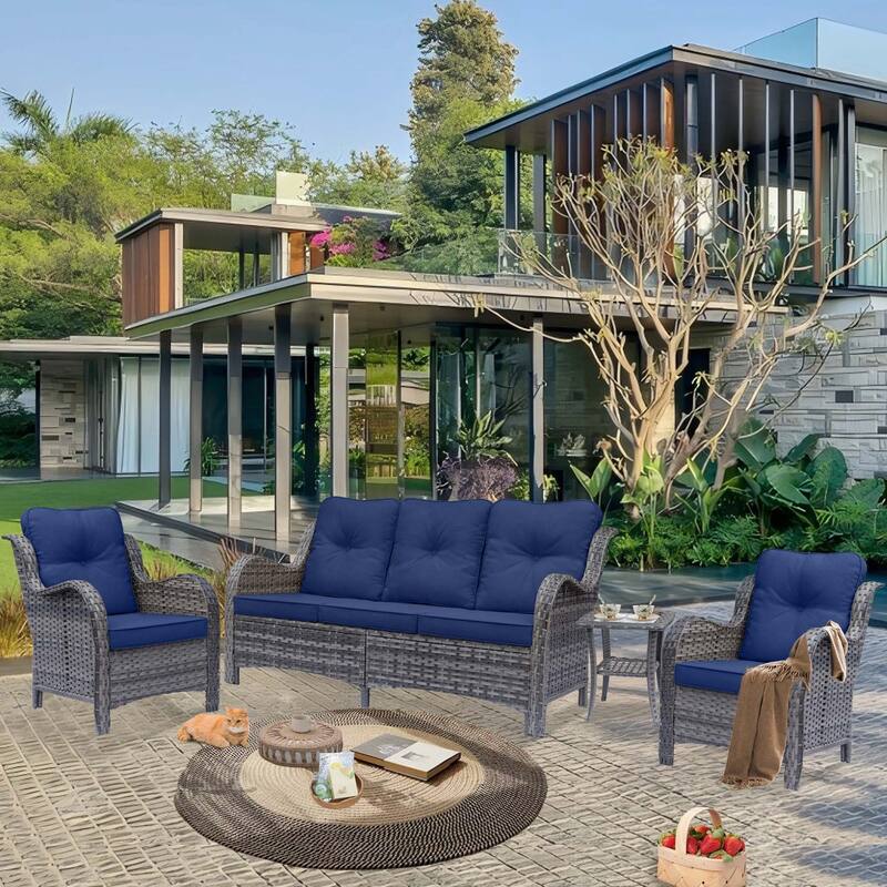 Gray Rattan Wicker High Back Outdoor Patio Furniture Sofa Seating Set