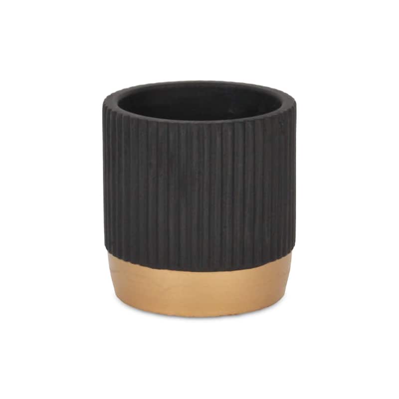 Aurone Round Ridged Ceramic Pot with Gold Finished Base - Black