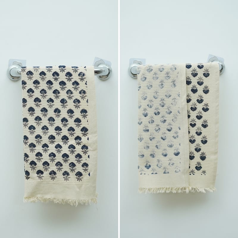 Fabdivine Honeycomb or Waffle Weave Hand Block Floral Print Hand Towel, Kitchen Gift Use