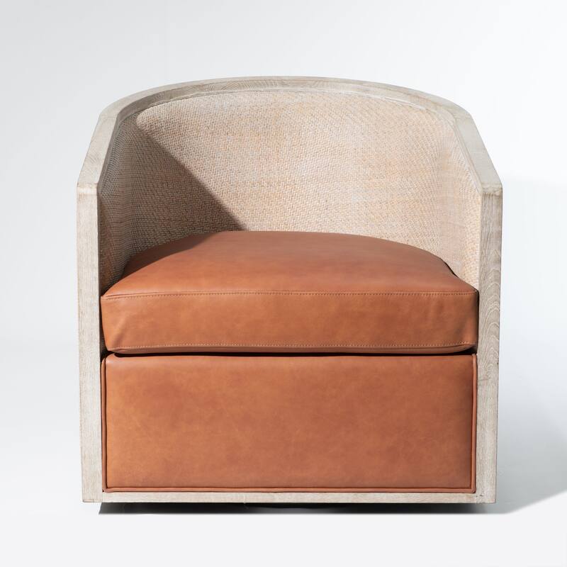 KINWELL 31"W Oak Frame Upholstered Swivel Barrel Armchair