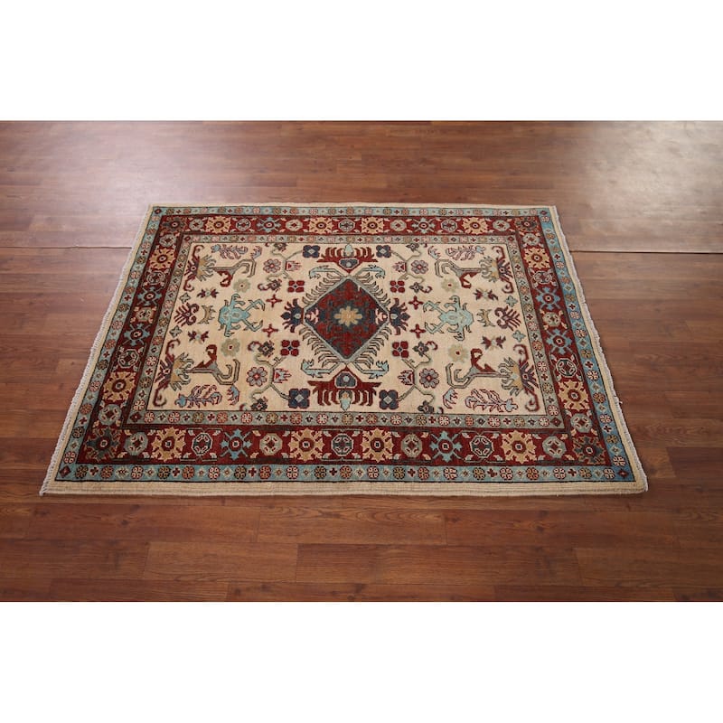 Geometric Kazak Rug Hand-Knotted Oriental Wool Carpet - 3'7" x 4'11"