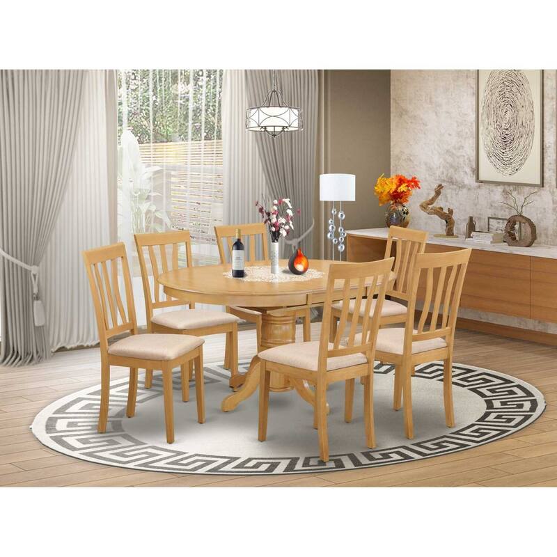 HomeStock 7-Piece Oval Natural Oak Finish Solid Wood Top Dining Table with 6 Chairs with Lattice Back
