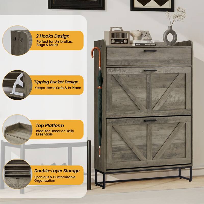 EROMMY Farmhouse Freestanding Shoe Cabinet with 2 Flip Drawers, Large Entryway Storage with Adjustable Shelves and Side Hooks