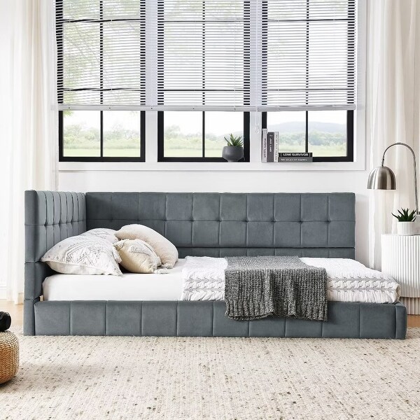 Full Size Velvet Upholstered Tufted Bed Frame with Backrest Armrests Grey